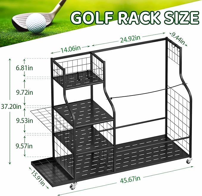 Golf Bag Storage Organizer with Wheels, Garage Golf Equipment Rack for 2 Golf Bags, Clubs, Shoes & Accessories – Heavy Duty Metal Golf Bag Storage Stand for Garage, Basement, Home or Shed