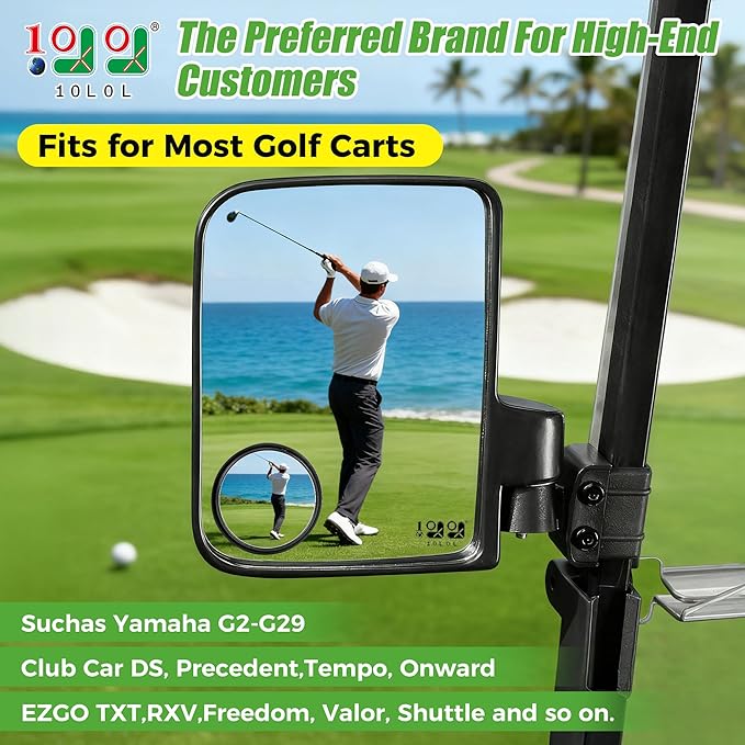 10L0L Golf Cart Mirror Universal for Yamaha, Club Car, EZGO, No Drilling Extra Large Side Rear View with Blind Spot Mirror Folding Adjustable 180 Degree