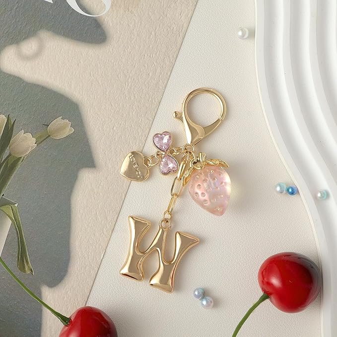 Snycler Bubble Initial Keychain with Strawberry & Bow- Gold Letter Bag Charms for Women, Cute Purse Handbag Accessories