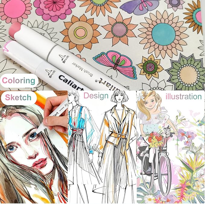 Caliart 61 Colors Pastel Alcohol Brush Markers, Drawing Markers Set Dual Tip Brush & Fine Permanent Alcohol Based Colored Art Pens, with Case for Artists Adults Coloring Book