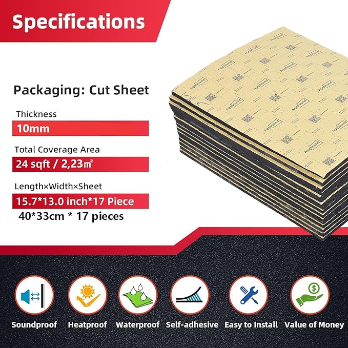 Sound Deadening Mat 394mil(10 mm) 24sqft - Closed Cell Foam Car Sound Deadening Material - Self-Adhesive Hood Insulation Heat Shield Auto Sound Dampening