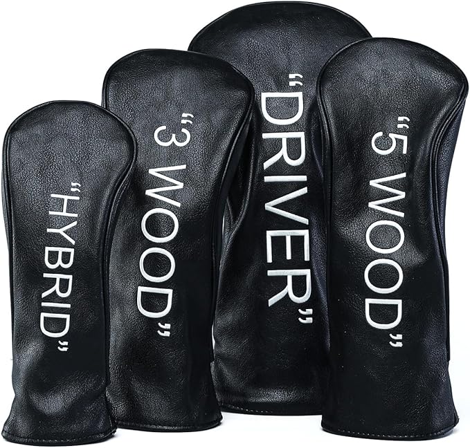 Golf Club Covers – Leather Driver Headcover, Fairway Wood, 3 Wood, Hybrid, Fits Mallet Blade Putter Head Covers Alignment Stick Cover