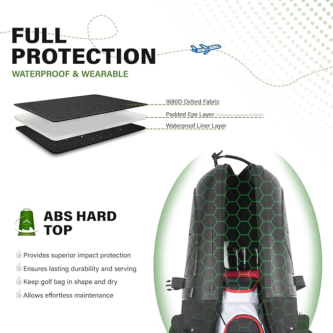 Golf Travel Bag with Hard Case Top, 1680D Heavy Duty Oxford Golf Club Travel Bags for Airlines with Wheels Easy to Maneuver