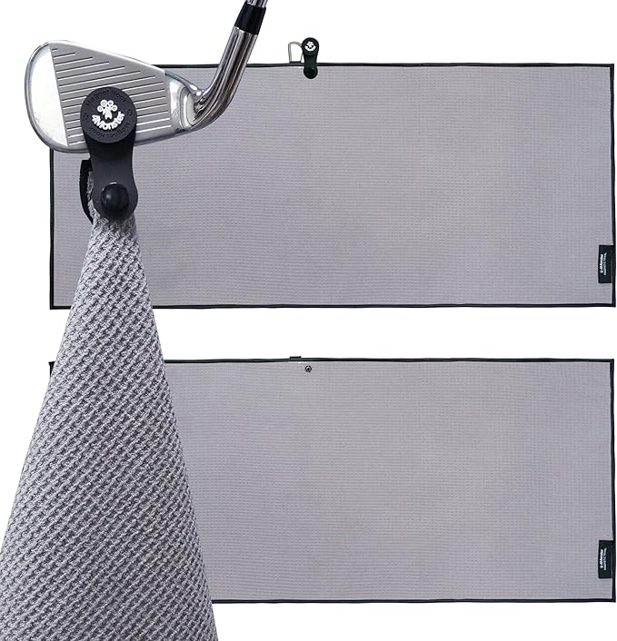4Monster Golf Towels 2-Pack with Detachable Magnet and Portable Pouch, Quick-Dry Microfiber Golf Towel Set for Golf Bags,Custom Towel Gifts for Men or Women (2, Grey)