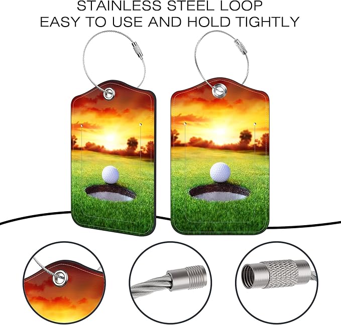 2 Pack Luggage Tags for Suitcase,Golf Ball PU Leather Luggage Tags with Privacy Cover Name Address Labels and Steel Ring,Creative Travel Accessories for Men and Women