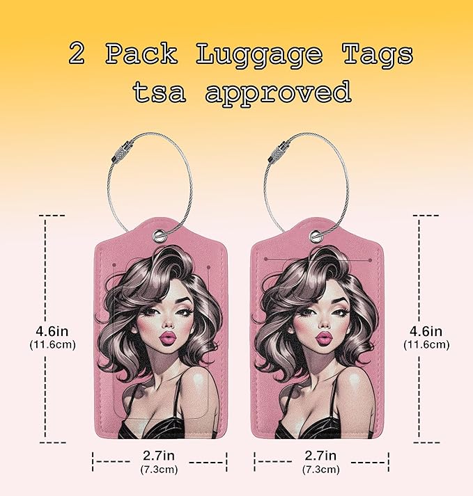 TSA Approved Luggage Tags for Suitcases Girly Beautiful Woman 2 Pack Funny Leather Carnival Cruise Airport Cute Travel Name Tags Golf Bag tag Ships Essentials Privacy Cover ID Label for Women Men