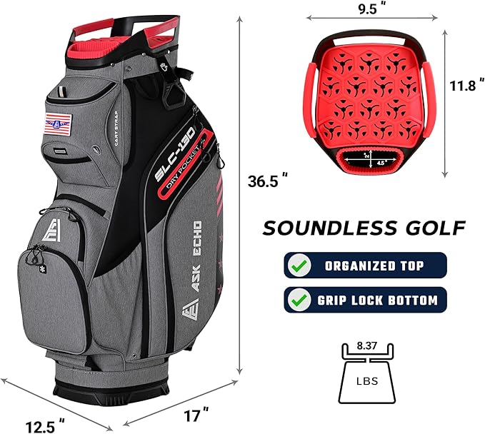 ASK ECHO SLC-130 Golf Cart Bag with 15 Way Full Length Dividers Top, Premium Quiet Golf Cart Bag with Rain Cover for Men