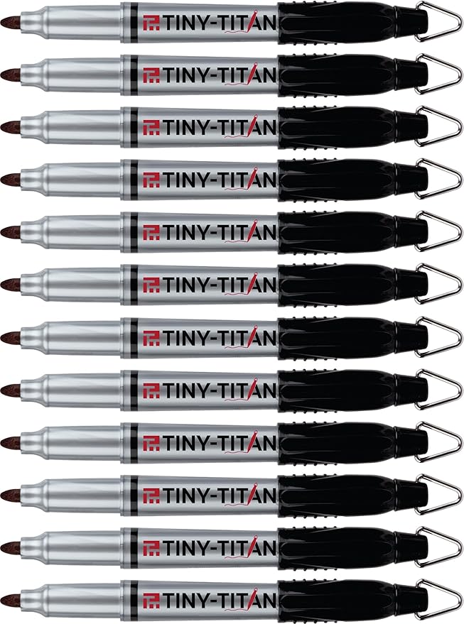 Tiny-Titan Mini Markers, Keychain Clip, Golf Ball Marker, Clip On Nurse's Badge - BLACK Ink - Fine Point - 12 Pens Per Box