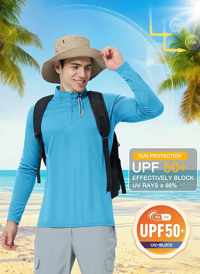 CRYSULLY Men's Long Sleeve 1/4 Zip Shirts Sun Protection Pullover UPF 50+ Rash Guard Running Lightweight T Shirt