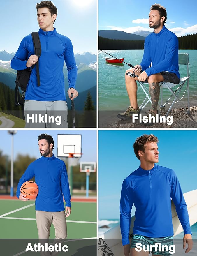 CRYSULLY Men's Long Sleeve 1/4 Zip Shirts Sun Protection Pullover UPF 50+ Rash Guard Running Lightweight T Shirt