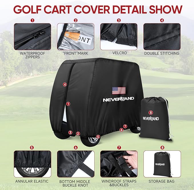 NEVERLAND Golf Cart Cover - Waterproof Golf Cart Covers - Fits for Yamaha Golf Carts EZ GO Club Car - Outdoor Windproof Sunproof (Black + Flag, Fit for 2+2/4 Passenger Cart)