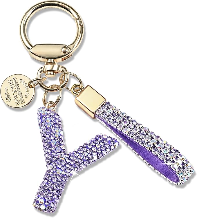 Pink Blue White Initial Letter Keychain Gift for Women Girls Bling Sparkly Cute Backpack Car Key Accessories Lanyard