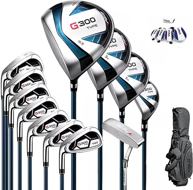 PGM 18 Pieces Men’s Golf Club Set 12pcs Clubs – Titanium #1 Driver, Draw-Biased Hybrid, High-Strength Irons, Forgiving Putter, Stand Bag with 5 Head Covers