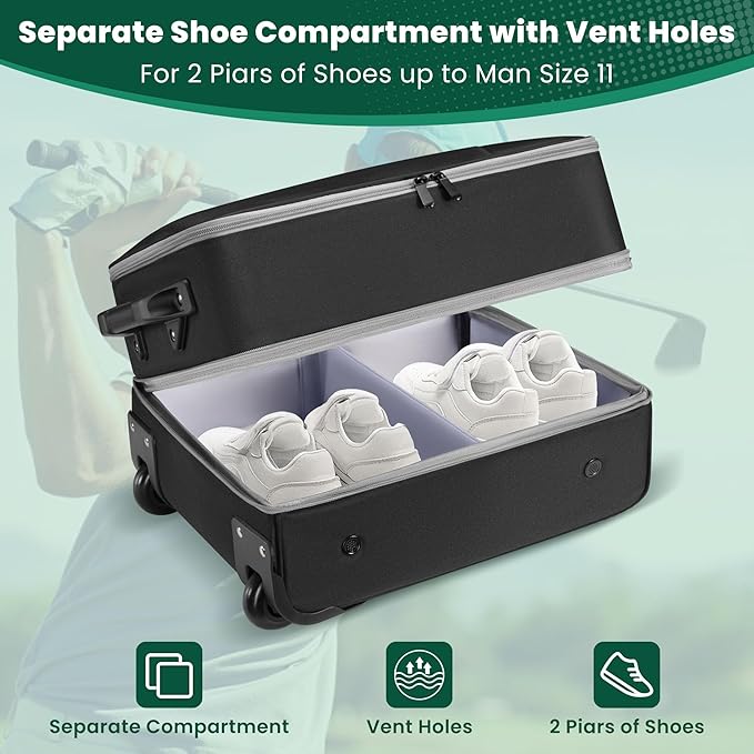 Golf Trunk Organizer for Car with Wheels, 2 Layer Golf Organizer Bag with Multi-Pocket, Golf Supply Storage Bag with Separate Shoe Compartment for Golf Supplies Balls, Tees, Clothes, Gloves