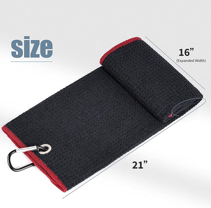 Mile High Life Tri-fold Golf Towel | Premium Microfiber Fabric | Waffle Pattern | with Heavy Duty Carabiner Clip | Golf Towel for Men and Women (Black/Red)