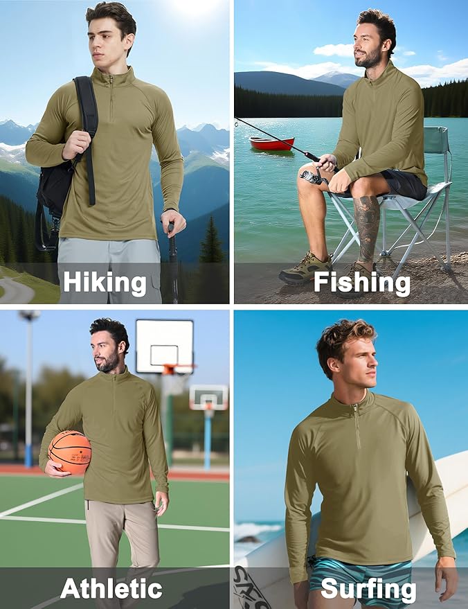 CRYSULLY Men's Long Sleeve 1/4 Zip Shirts Sun Protection Pullover UPF 50+ Rash Guard Running Lightweight T Shirt