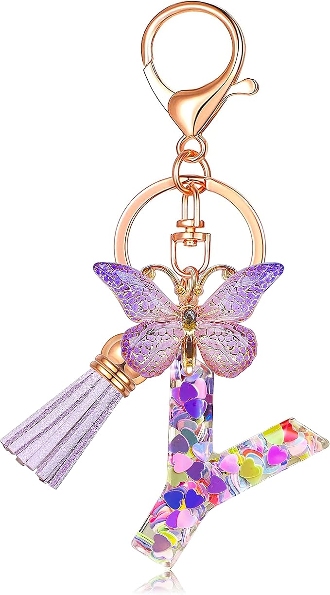 JINGUAZI Initial letter Keychains for Women Tassel Butterfly Pink Purple Cute Car Keychain for Wallet Backpack bag charm