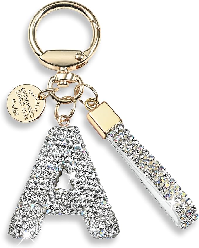 Pink Blue White Initial Letter Keychain Gift for Women Girls Bling Sparkly Cute Backpack Car Key Accessories Lanyard