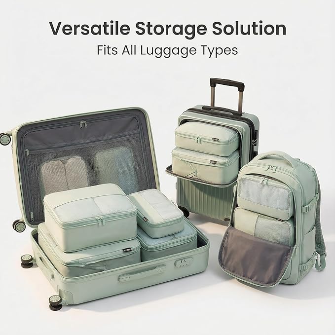 4 Piece Compression Packing Cubes for Suitcases and Backpack, Lightweight Travel Organizer Bags (Light Green)