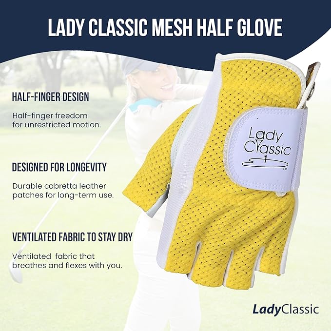 Mesh Half Golf Glove for Women – Premium Cabretta Leather Palm, Breathable Mesh Back, Half-Finger Design Ladies Golf Glove for Enhanced Grip & Comfort