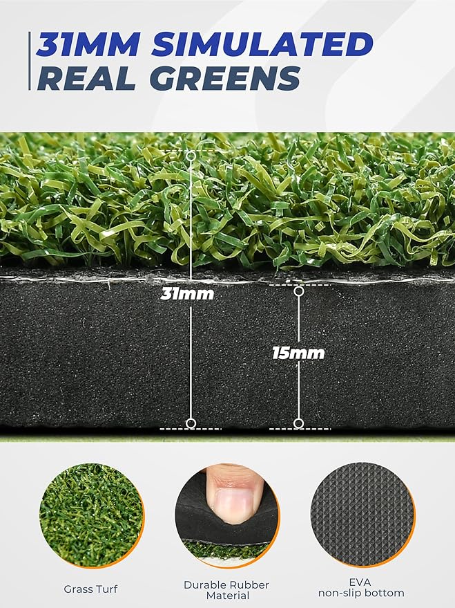 5x4ft Golf Hitting Mat, Thickened 21mm/31mm/36mm Artificial Turf Golf Practice Mats for Indoor Outdoor Backyard Driving Swing Training with 9 PU Balls, 3 Rubber Tees, 7 Tees