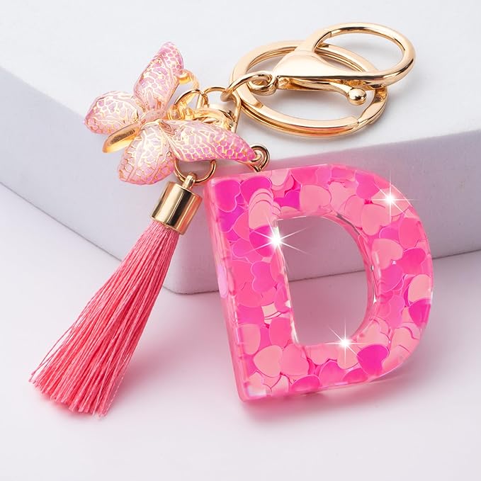 Suweibuke Colourful Cute Initial Letter Keychains for Women Girls with Tassel Butterfly, Charm for Purse Handbags Backpacks