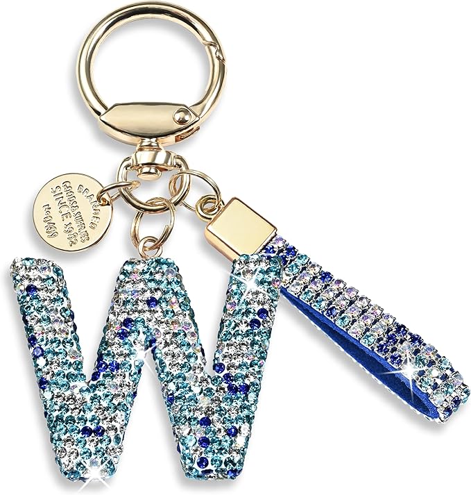 Pink Blue White Initial Letter Keychain Gift for Women Girls Bling Sparkly Cute Backpack Car Key Accessories Lanyard