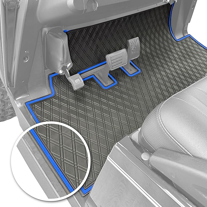 Xtreme Mats Rubber Golf Cart Mat for Bintelli Golfcars, Full Coverage Rubber Front Floor Liner Protects OEM Factory Flooring Compatible with Bintelli Beyond & Nexus (Blue Trim)