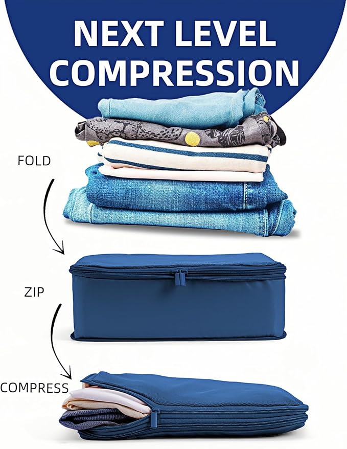 6 Set Compression Packing Cubes for Travel, Large Medium Small Luggage Organizers, Storage Bags for Clothes and Essentials (6 Pack, Dark Blue)