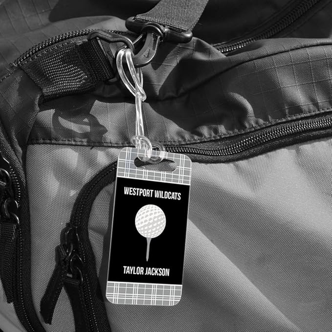 ChalkTalkSPORTS Golf Luggage & Bag Tag | Personalized Team with Golf Ball | Standard Lines on Back | Small | Gray/Black