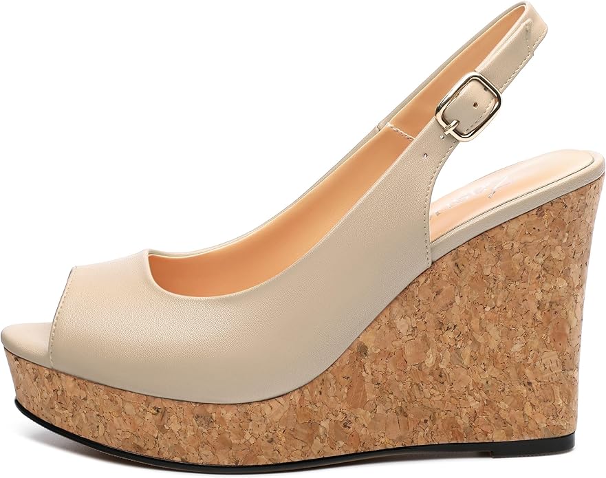 Womens Peep Toe Wedge Heels Matte Fashion Cork Slingback Pumps Platform Wedge Sandals 3.94 Inches