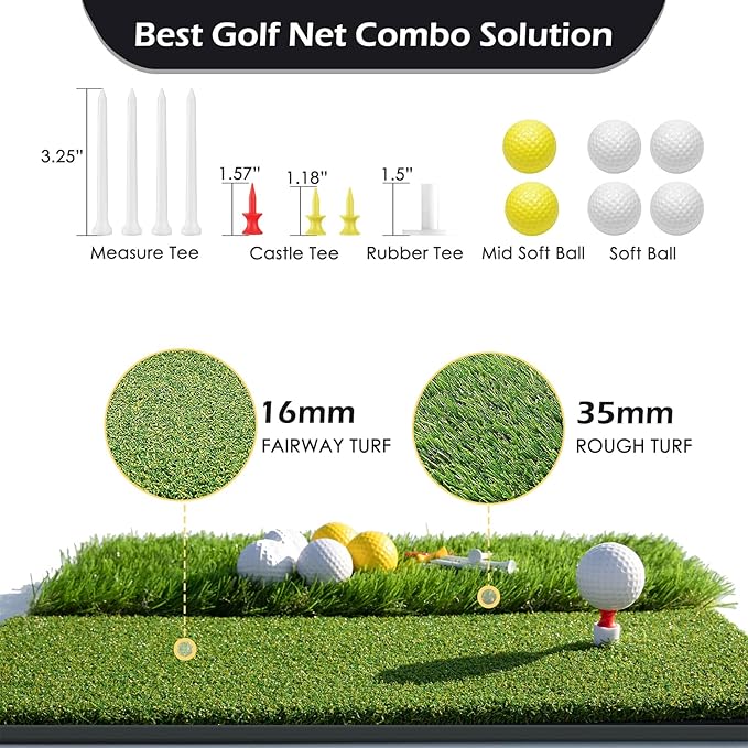 Bearwill Golf Net, 10x7ft Heavy Duty Golf Practice Nets with Mat, Target Cloth, 8 Tees, 6 Balls, Carry Bag for Backyard Driving Chipping Indoor Outdoor Training
