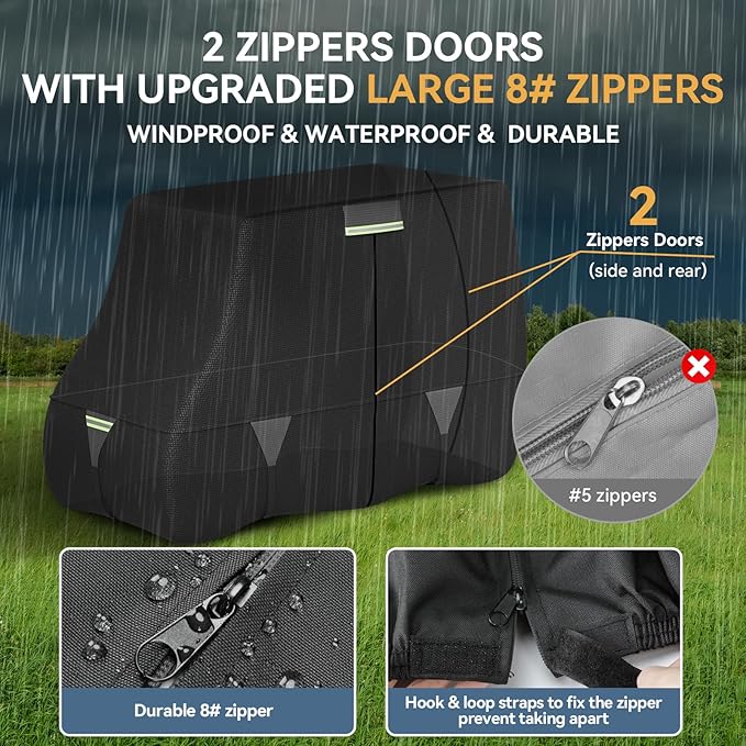 Tuszom 100% Waterproof 1200D Solution-Dyed Golf Cart Cover Universal Fit Yamaha,Honda,Club Car,EZGO and Most Brand Golf Cart for 2/2+2/4/4+2/6 Seats with Zipper Door,Storage Bag