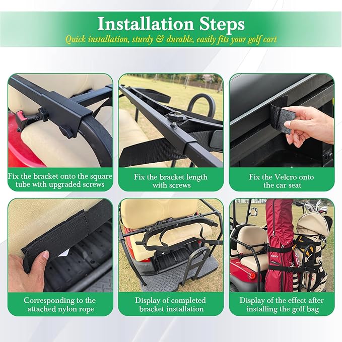 Upgrade Golf Cart Bag Holder Bracket, Adjustable Golf Cart Bag Bracket for 2+2 Rear Seat with 1 Inch Square Tube, No Drilling Golf Bag Holder Attachment for Club Car EZGO Yamaha, Include Nylon Strap