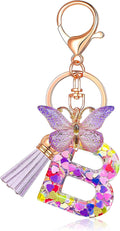 JINGUAZI Initial letter Keychains for Women Tassel Butterfly Pink Purple Cute Car Keychain for Wallet Backpack bag charm