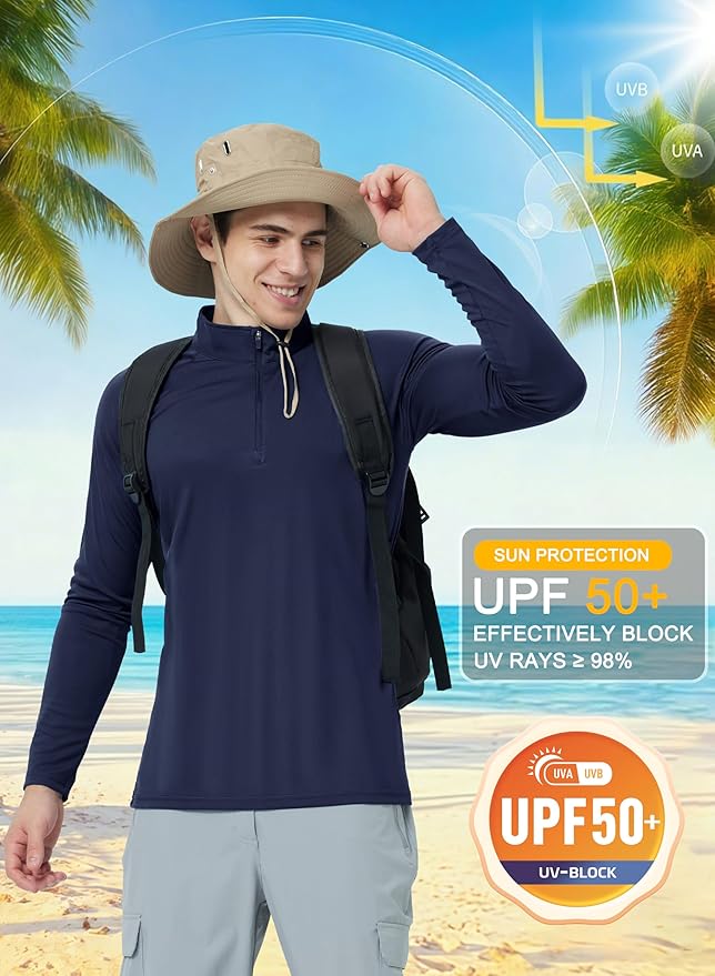 CRYSULLY Men's Long Sleeve 1/4 Zip Shirts Sun Protection Pullover UPF 50+ Rash Guard Running Lightweight T Shirt