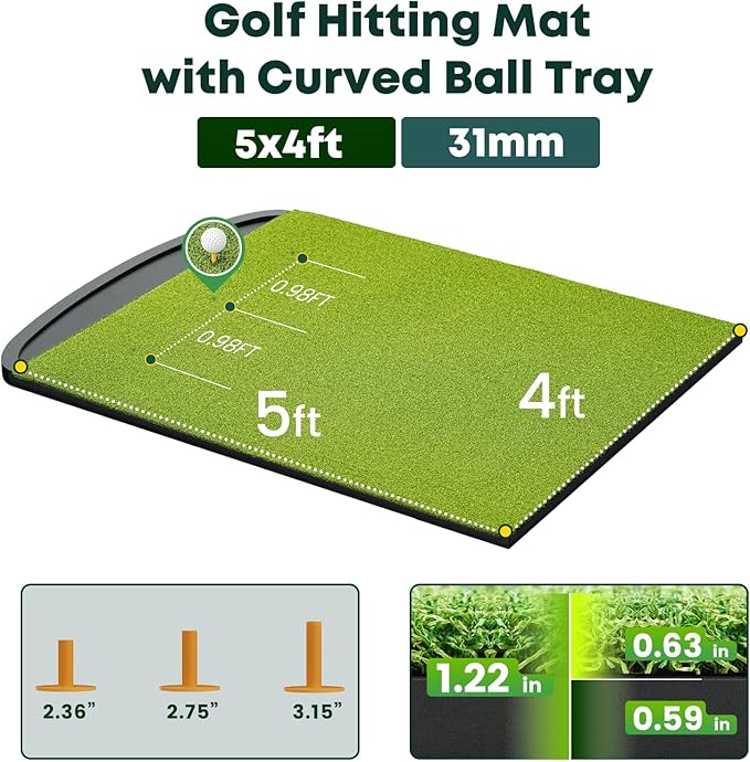Integrated Golf Hitting Mat with Curved Ball Tray 5x4ft 6x4ft 26mm 31mm Thickening Golf Practice Mats Indoor & Outdoor, Durable Golf Turf Matt with 3 Tees for Hitting Chipping Striking, Swinging