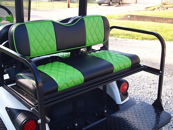 Huskey 4PCS Golf Cart Front/Rear Seat Covers for EZGO Medalist/TXT 94-13 Custom Two-Tone Black/Limegreen Diamond Stitching with Limegreen Piping, Marine Grade Vinyl Material, Staple on Design
