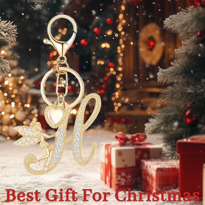 Gold Plated Alphabet Initial Letter Keyring Keychain for Women Girls Crystal Key Chains for Wallet Backpack Bag Charm
