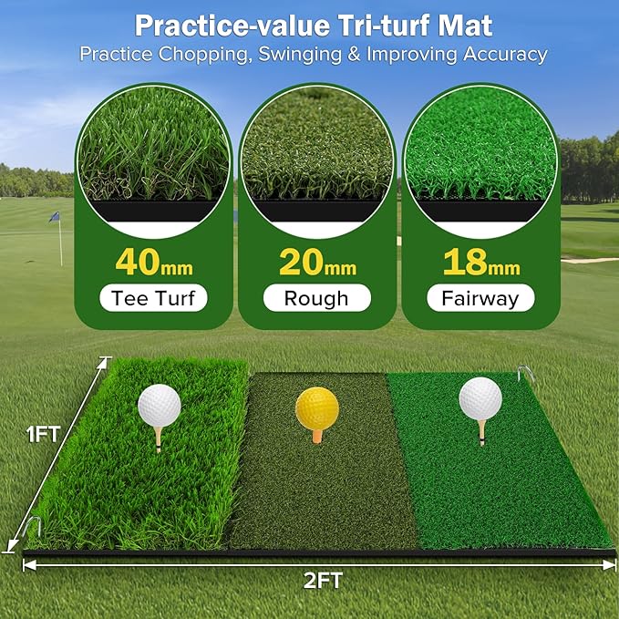 Golf Chipping Net with Tri-Turf Hitting Mat Set - Foldable Practice Target, 12 Foam Balls & 6 Tees in Carry Bag - Indoor Outdoor Backyard Golf Precision Training Aid & Gift for Beginners