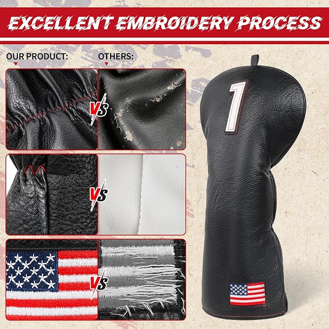 Golf Head Covers, American Flag Patriotism Golf Club Cover for Woods and Driver, Fairway, Hybrid - Premium Leather Golf Club Head Covers with Interchangeable Tags