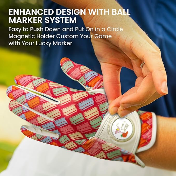 Ladies Golf Gloves Women Right Handed Golfer Left Hand Value 2 Pack with Ball Marker Leather All Weather Grip Breathable Soft Gift Set