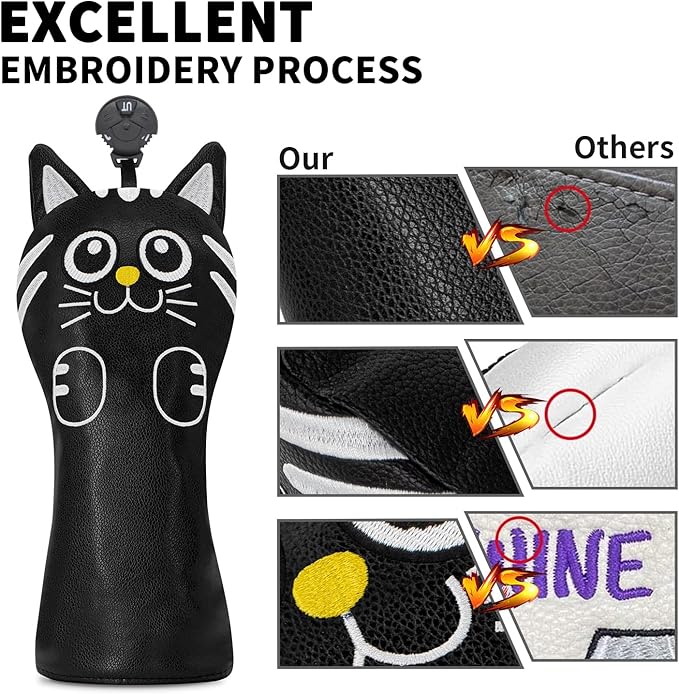 Golf Kitty Head Cover Golf Club White Leather Headcovers 1pc/4pcs Set Fits Driver Fairway Wood Hybrid Utility Putter Iron Wedge Headcover.