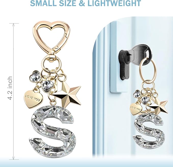 Cute Bling Keychain initial Letter Butterfly Star Pink Purple Gift for Women Girls Bag Cup Charms Accessories