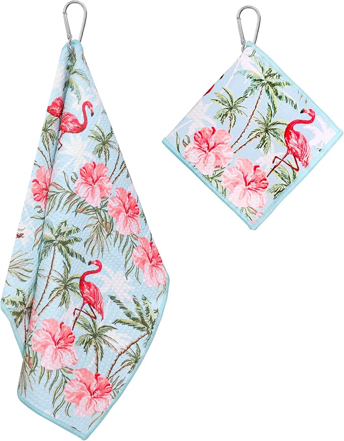 Microfiber Golf Towels for Golf Bags & Carts - Premium Weave Waffle & Ball Towels with Carabiner Clip, Essential Accessories for Men, Women, and Kids, Golfer Gifts, Set of 2 (Flamingo Paradise)