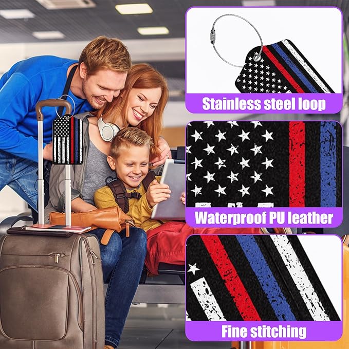 3 Pack Vintage American Flag Luggage Tags for Suitcase USA Flag PU Leather Travel Luggage Tag Privacy Cover ID Label for Women Men Baggage Backpack Handbag School Bag