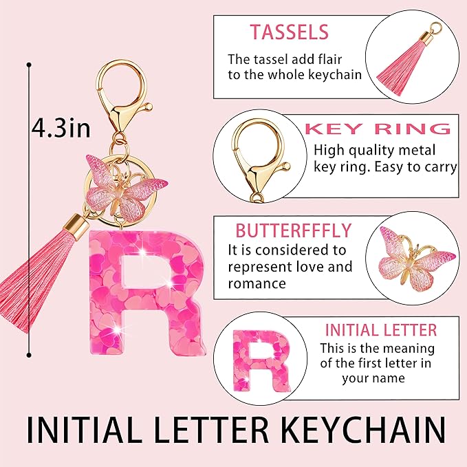 Suweibuke Colourful Cute Initial Letter Keychains for Women Girls with Tassel Butterfly, Charm for Purse Handbags Backpacks