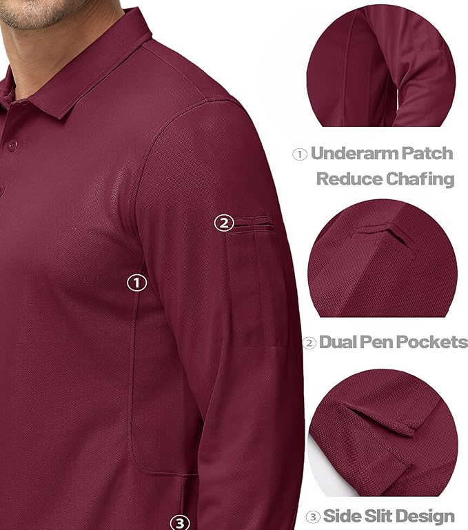 MAGCOMSEN Men's Polo Shirts 3 Button Quick Dry Performance Long Sleeve Tactical Shirts Pique Jersey Golf Shirt