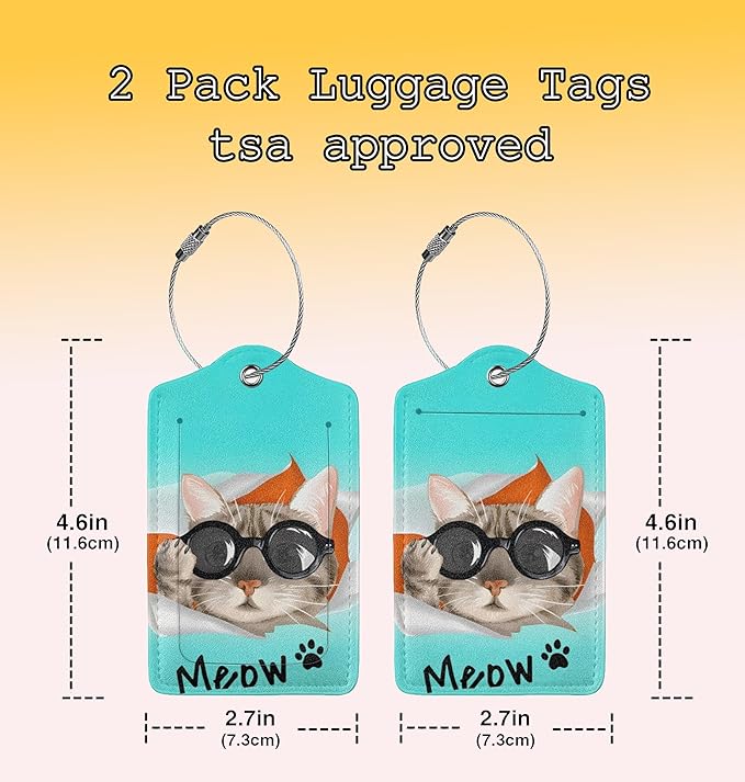 2 Pack Cute Cat Luggage Tags for Kids Girls Women Travel Funny Animal with Sunglasses Print on PU Leather Bag Tags Accessories Privacy Cover ID Label with Stainless Steel Loop for Backpack Suitcase