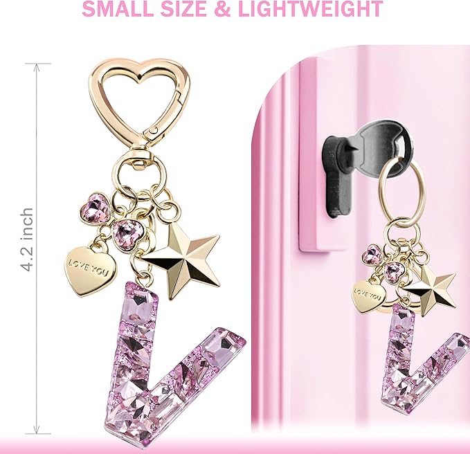 Cute Bling Keychain initial Letter Butterfly Star Pink Purple Gift for Women Girls Bag Cup Charms Accessories